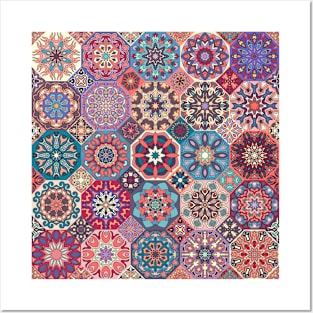 Vintage patchwork with floral mandala elements Posters and Art